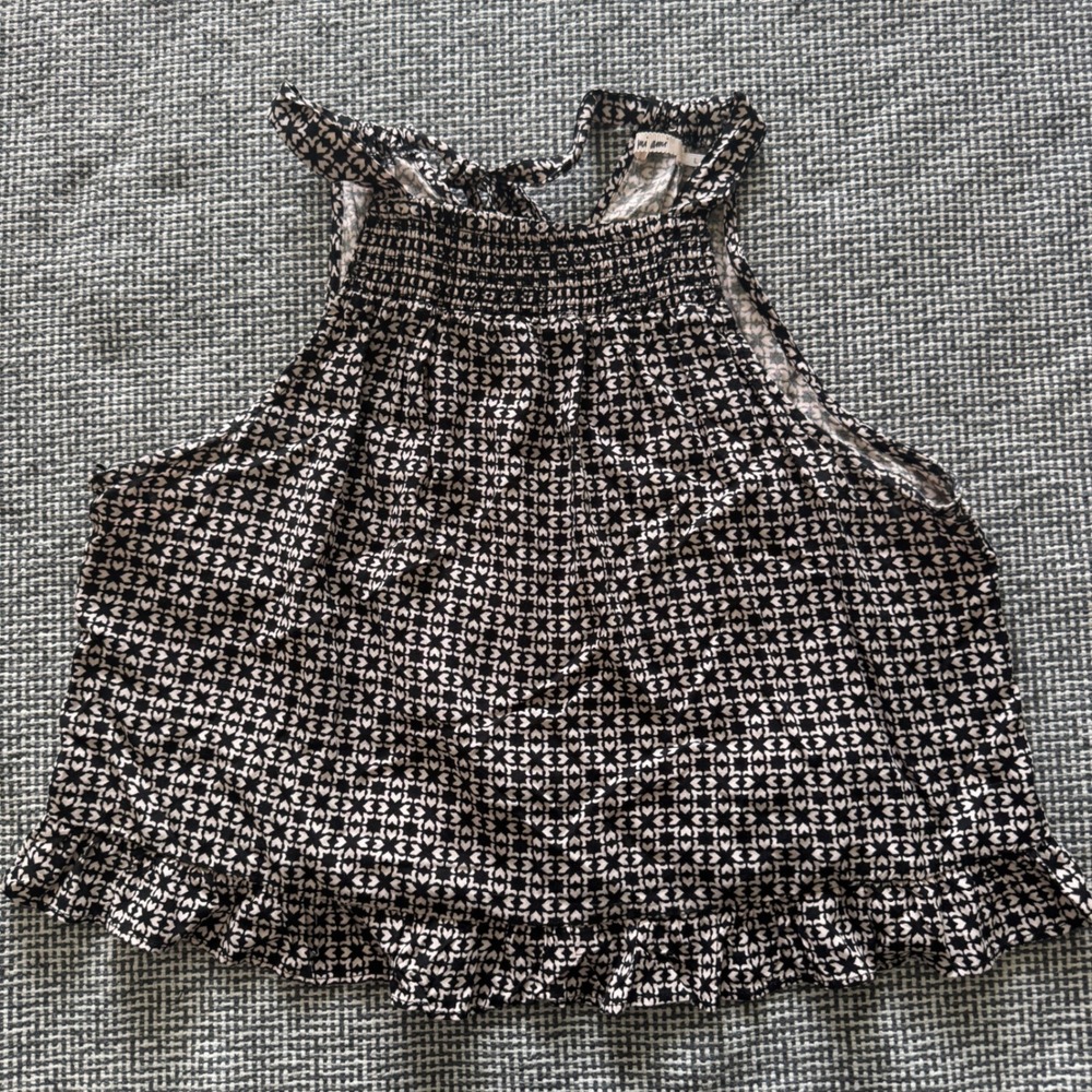 Mi Ami Brand Black White Heart Print Smocked Halter Ruffle Tank Top Large